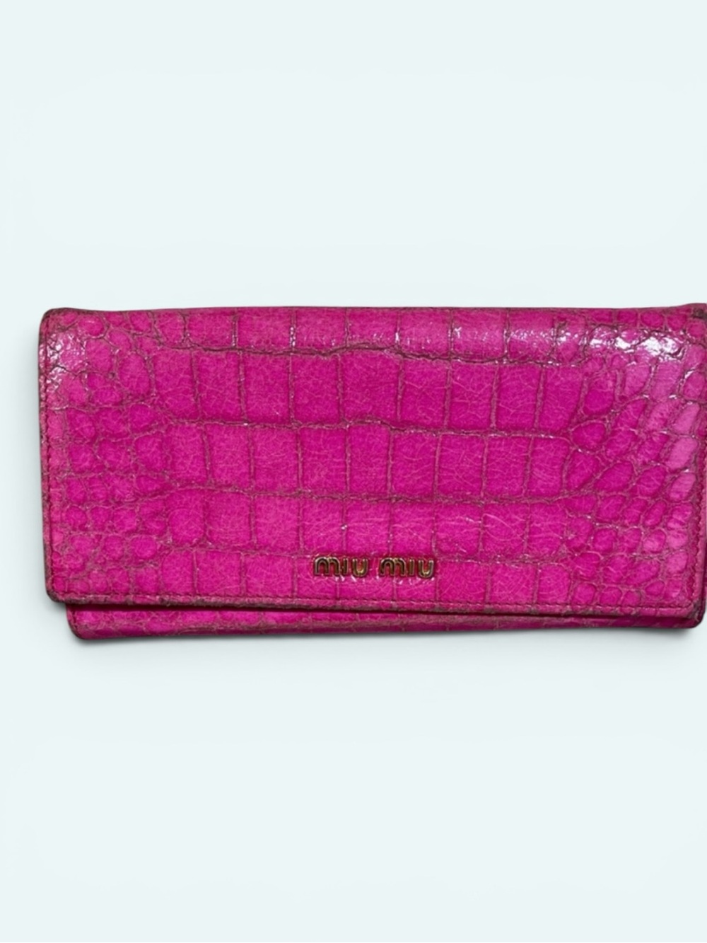 Miu Miu EUC Hot Pink Croc-Embossed Leather Continental Wallet